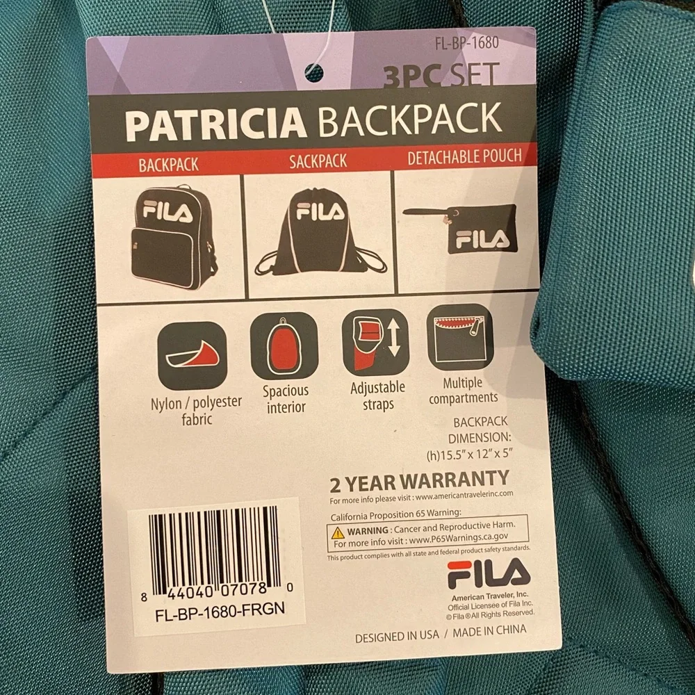 FILA Dark Teal 3-Piece Patricia Backpack Set